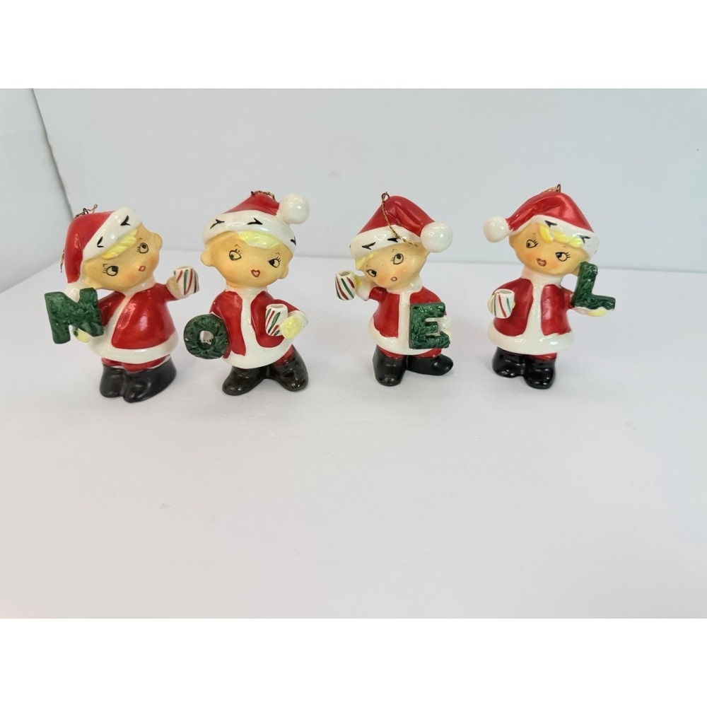 Christmas NOEL Santa Pixie Elf Boys Ornaments Made Japan Vintage Christmas READ
